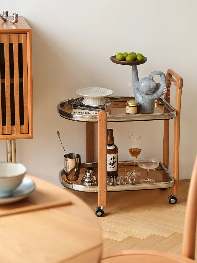 Afralia™ Nordic Wood End Table Tea Table, Movable Trolley, Glass Top, Multifunctional Storage Rack.