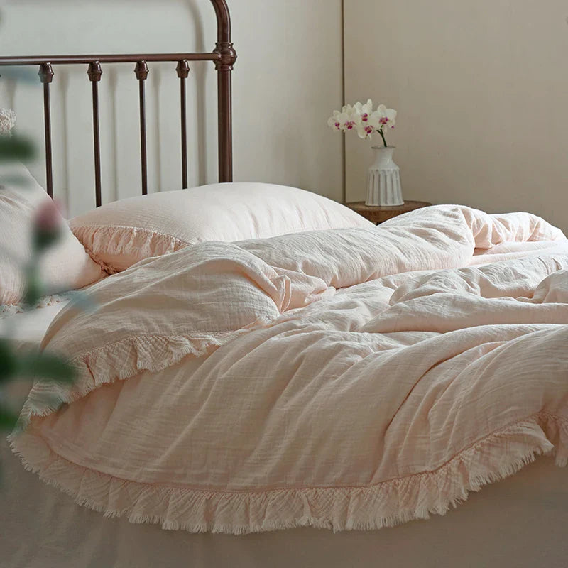 Afralia™ Soft Cotton Tassel Ruffles Bedding Set with Duvet Cover, Sheet & Pillowcases