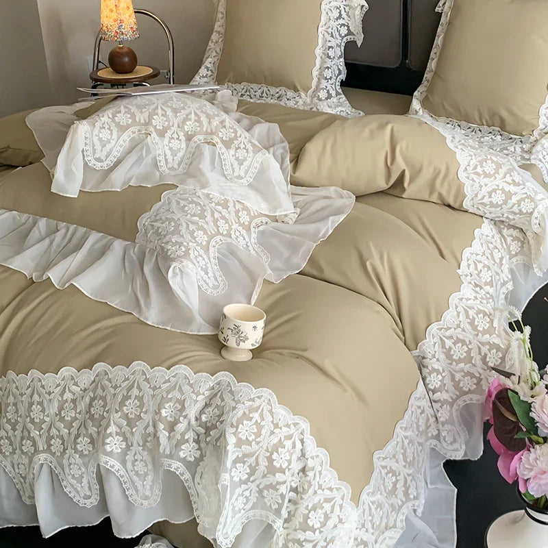 Afralia™ Romance Lace Ruffles Bedding Set 4Pcs, 200x230cm, Princess Wedding Theme