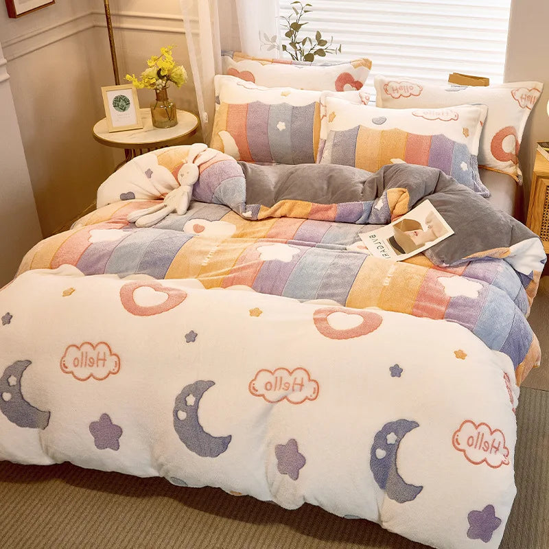 Afralia™ Flower Print Thicken Winter Warm Bedding Set with Sheet Pillowcases
