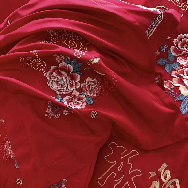 Afralia™ Peony Flowers Embroidery Queen Bedding Set with Brushed Duvet Cover and Sheet