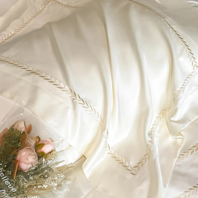 Afralia™ Embroidered Ice Silk Bedding Set: Soft Duvet Cover, Sheet, Pillowcases 4Pcs