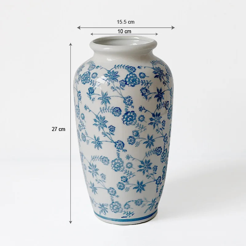 Afralia™ Blue White Porcelain Vase Vintage Ceramic Flower Home Decor Jar