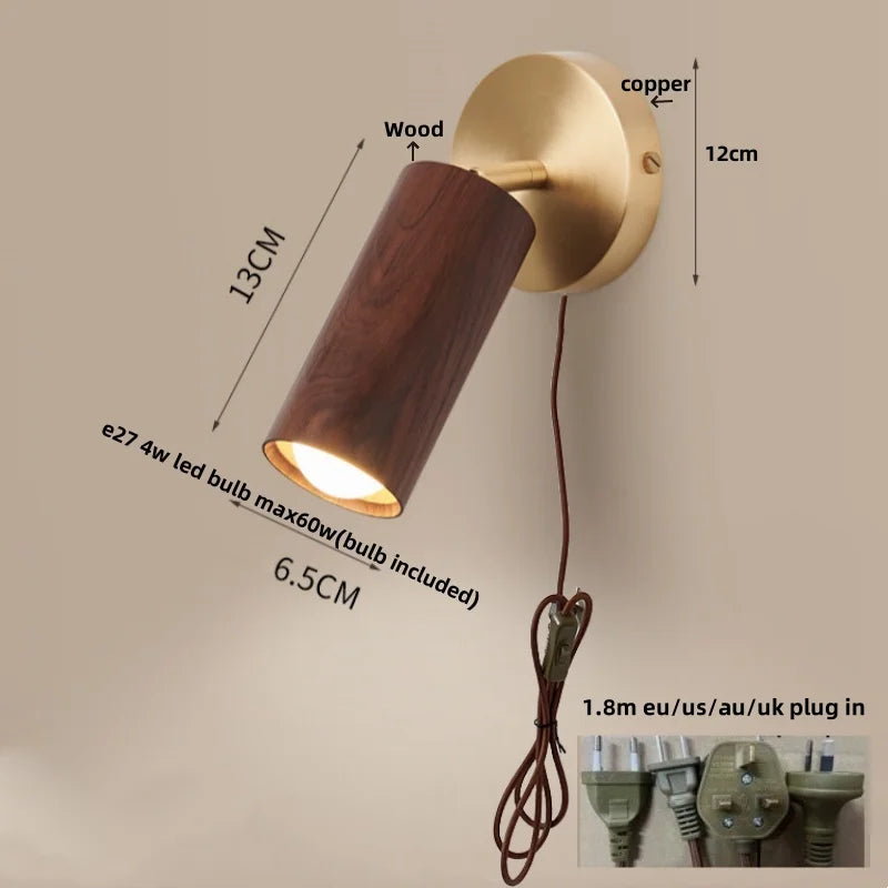 Afralia™ Wood Nordic LED Wall Light - Modern Copper Canopy Bedside Lamp
