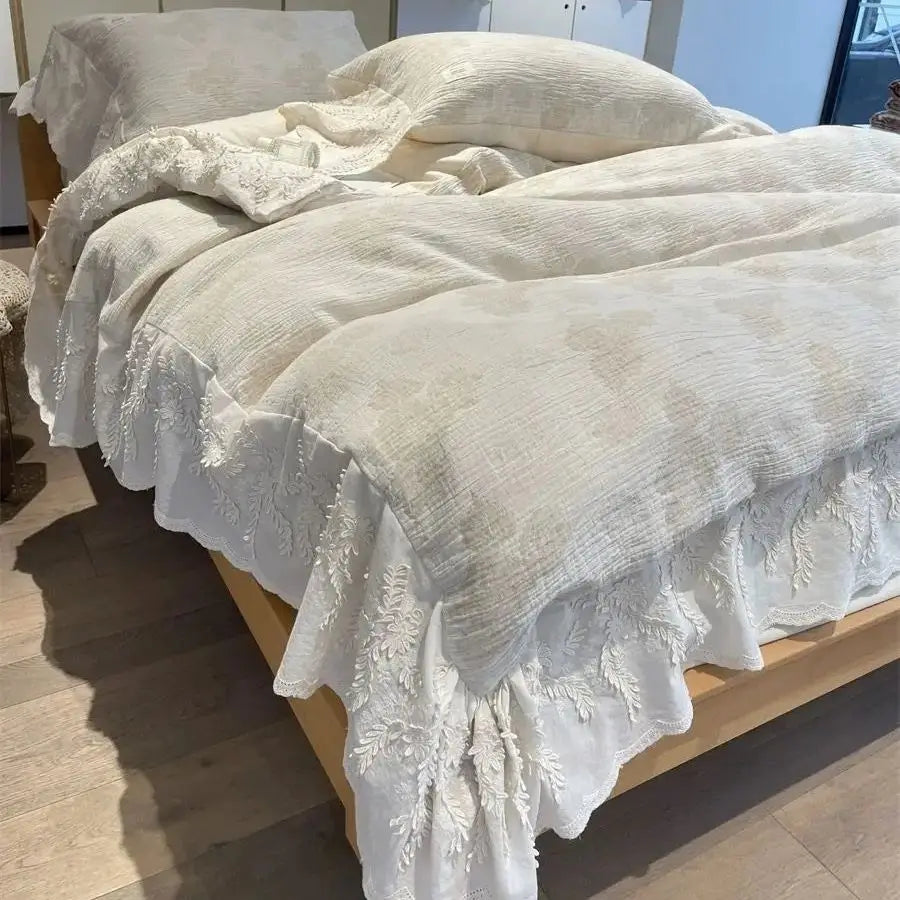 Afralia™ Vintage Jacquard Ruffles Bedding Set with Three Layers Yarn Lace