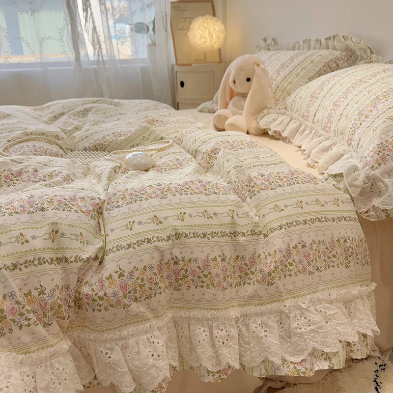 Afralia™ Korean Princess Style Floral Lace Ruffles Bedding Set with Pillowcase