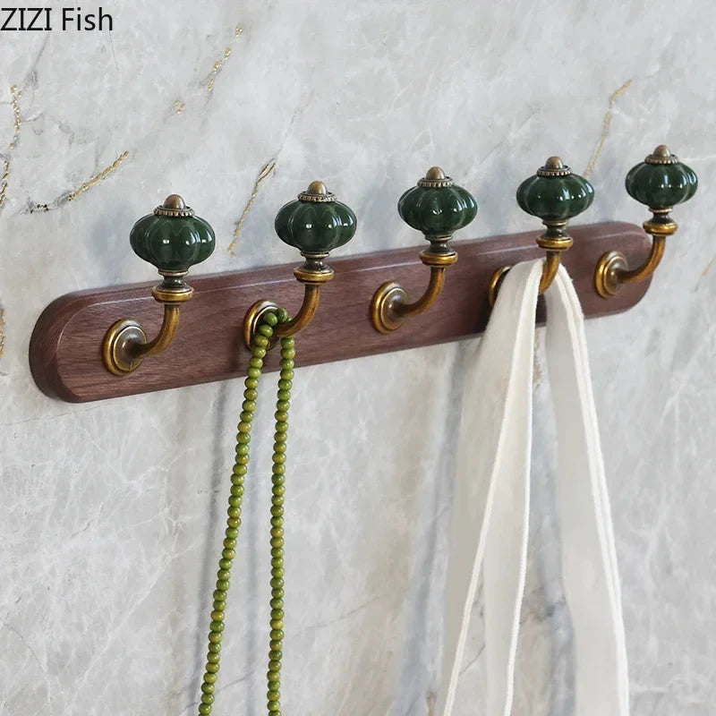 Afralia™ Walnut Wood Multiple Hooks Wall Storage Holder Shelf