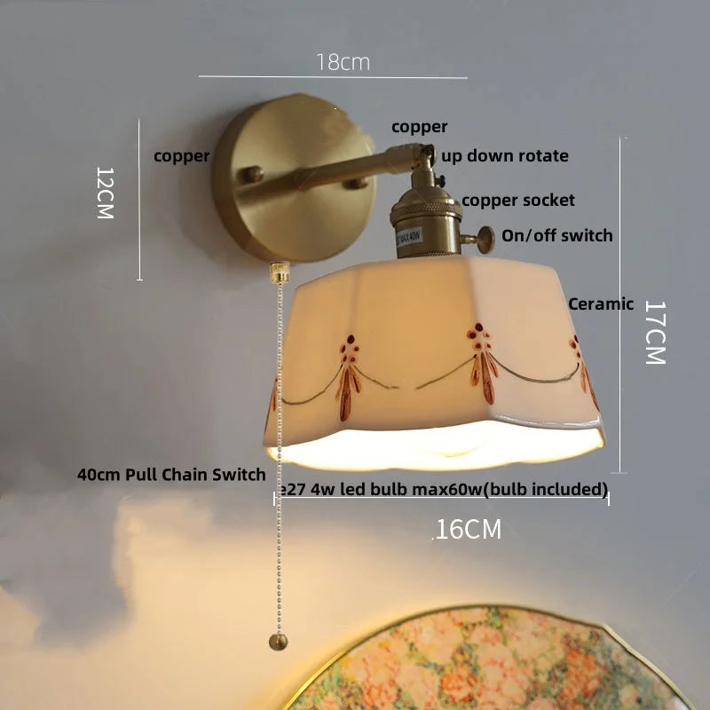Afralia™ Ceramic Brass LED Wall Light Fixture Pull Chain Switch Bedside Lamp Sconce