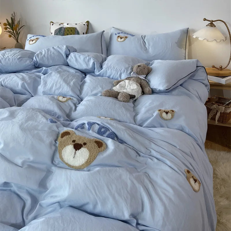 Afralia™ Lovely Bear & Sheep Embroidered Bedding Set - Duvet Cover, Sheets, Pillowcase