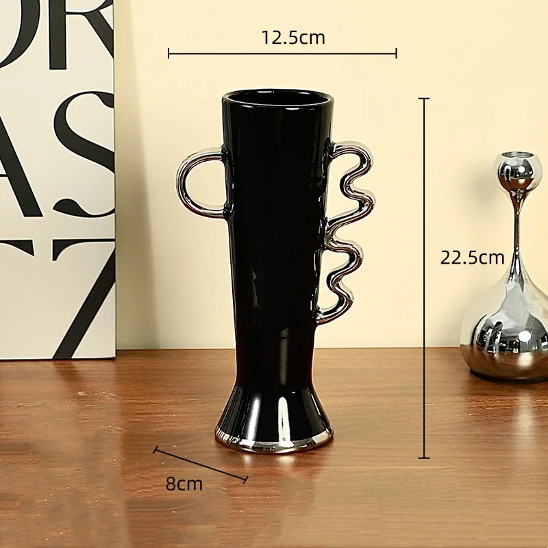 Afralia™ Ceramic Geometric Fringe Vase with Wavy Handle - Home Décor Handicraft