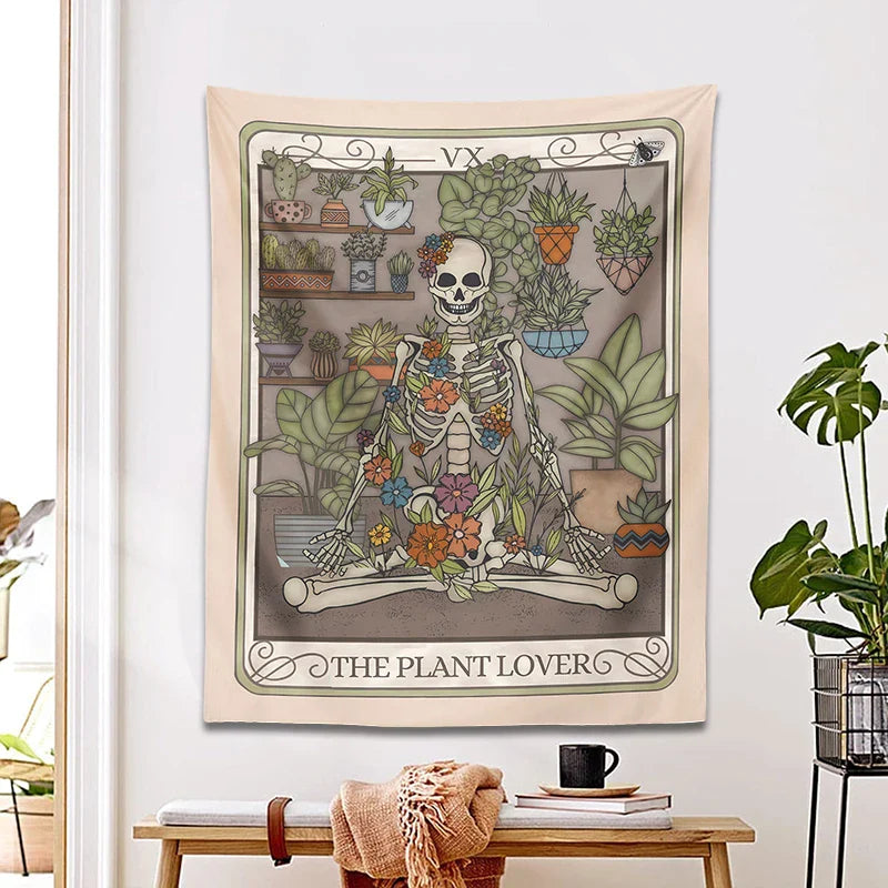 Afralia™ Plant Lover Tarot Card Tapestry | Botanical Skeleton Witch Wall Hanging