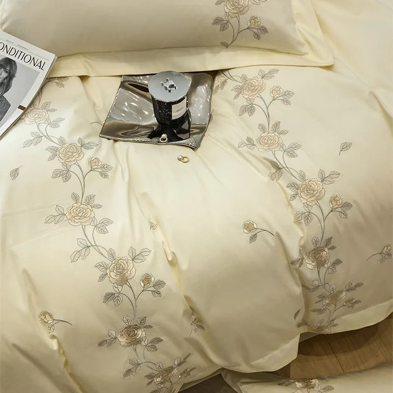 Afralia™ Rose Flowers Embroidery Luxury Egyptian Cotton Bedding Set