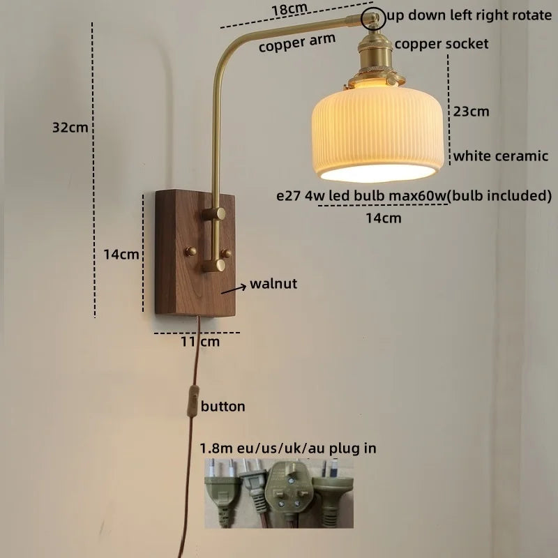 Afralia™ Glass Walnut LED Wall Lamp with Pull Chain Switch - Modern Home Decor