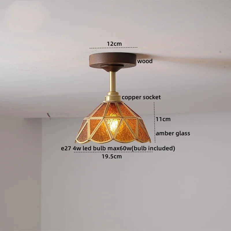 Afralia™ Green Glass LED Ceiling Lights: Modern Copper Wood Indoor Lamp
