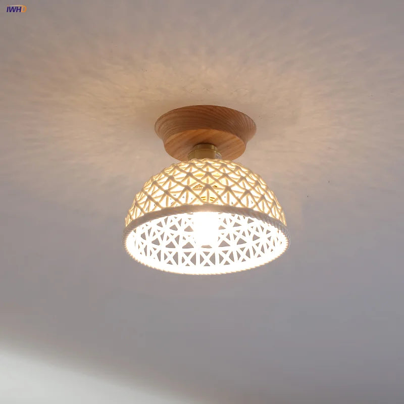 Afralia™ White Ceramic LED Ceiling Lamp Wood Ash Nordic Modern Copper Light