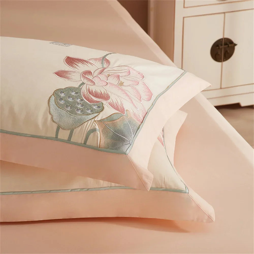 Afralia™ Pink Satin Jacquard Lotus Duvet Set 4Pcs Queen King Bedlinens