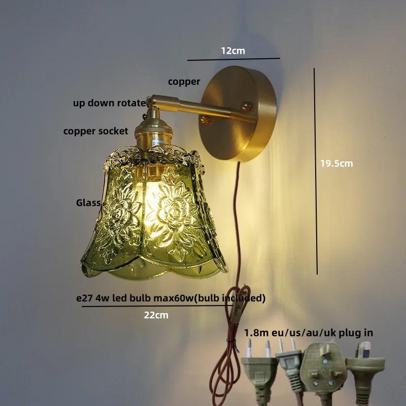 Afralia™ Green Glass LED Wall Lights Pull Chain Switch Vintage Style Bedside Lamp