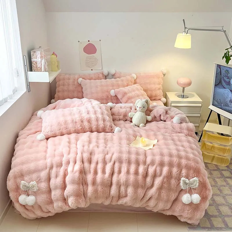 Afralia™ Shaggy Faux Rabbit Fur Bedding Set with Plush Ball Decoration, Duvet Cover, Sheet and Pillowcases