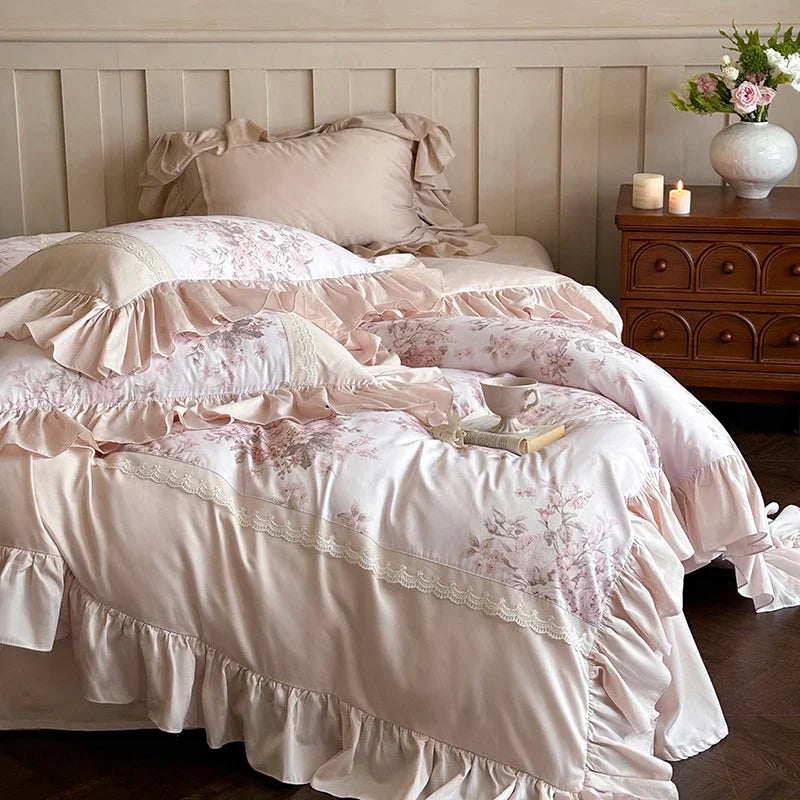 Afralia™ Vintage French Pastoral Lace Ruffles Bedding Set: Duvet Cover, Bed Sheet, 2 Pillowcases