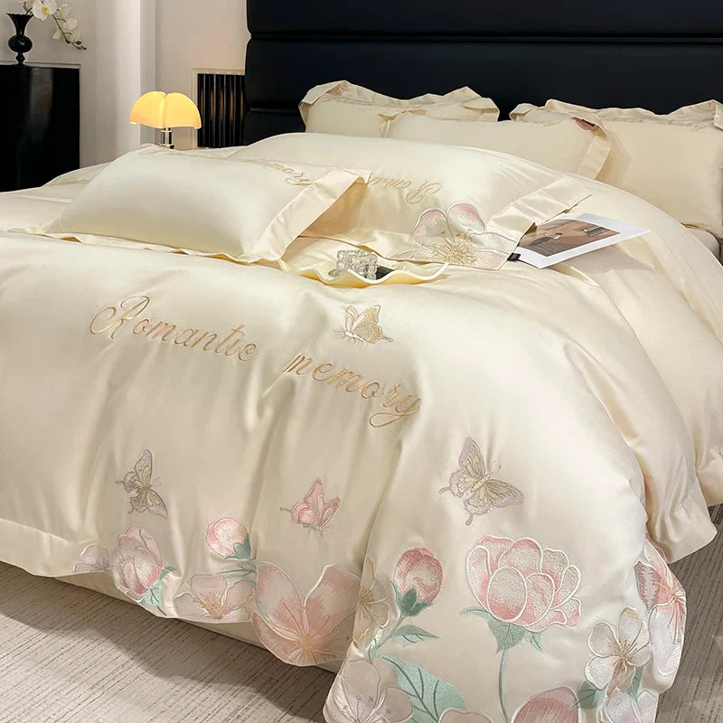 Afralia™ Embroidered Flowers Butterfly Bedding Set - 4Pcs