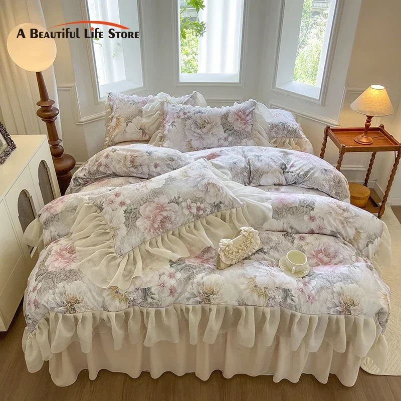 Afralia™ French Vintage Lace Princess Bedding Set with Floral Print Quilt Cover
