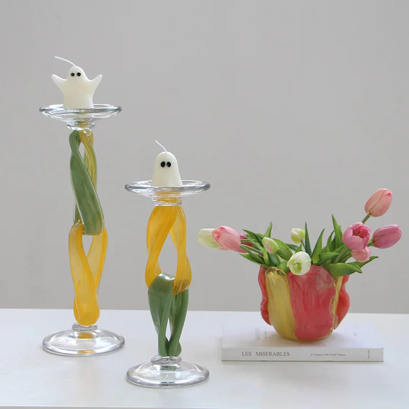 Afralia™ Glass Candlestick Holder Twisted Ornaments Home Decor Candle Holder