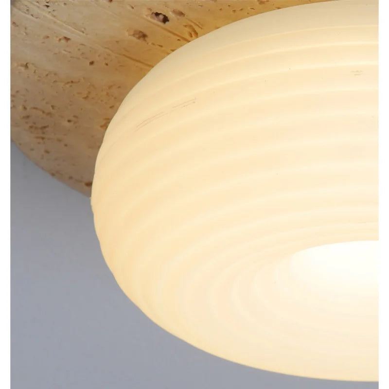 Afralia™ Yellow Travertine LED Ceiling Light Fixture for Living Room Dining Cafe White PE Lampshade