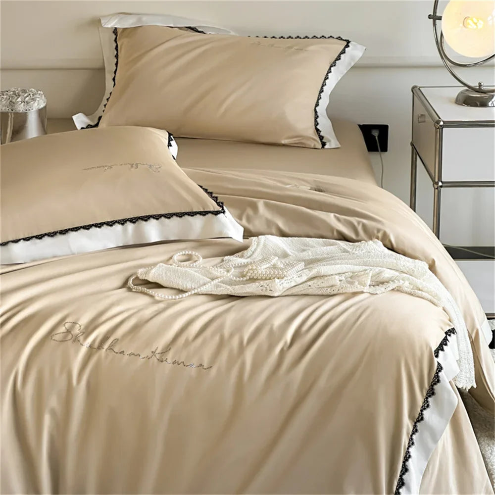 Afralia™ Hot Diamond Lace Egyptian Cotton Bedding Set: Sheet, Pillowcase, Duvet Cover, Full-Queen-King Size