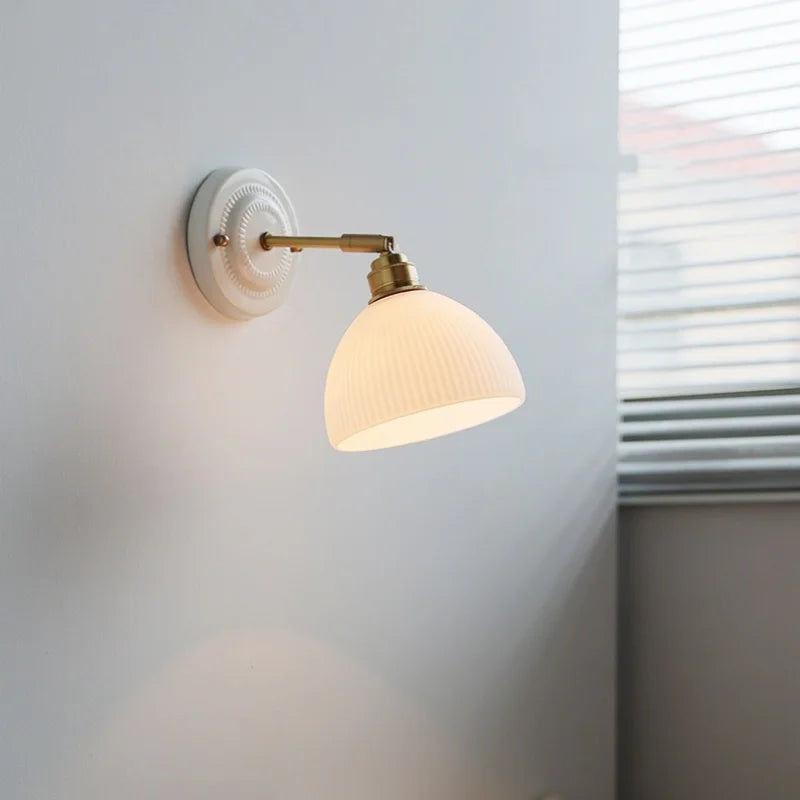 Afralia™ White Glass LED Wall Lights Pull Chain Switch Copper Arm - Bedroom Stair Living Room Mirror Bedside Lamp