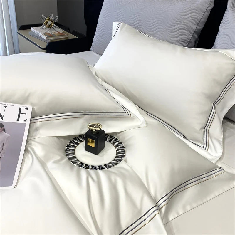 Afralia™ Luxury Egyptian Cotton Embroidery Bedding Set - Soft & Silky Pearl White