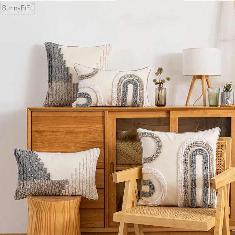 Afralia™ Boho Style Grey Abstract Cushion Cover for Home Decoration