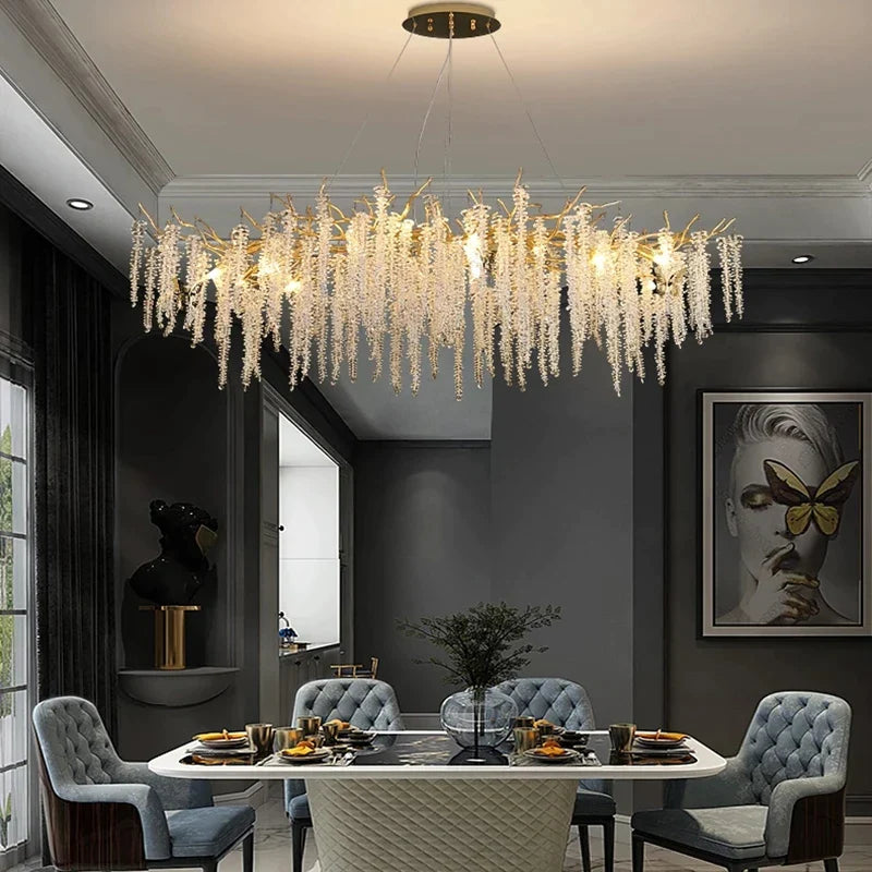 Afralia™ Modern Gold Tassel Crystal Branch Chandelier Pendant