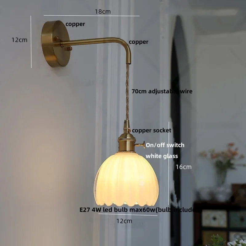 Afralia™ Smoke Gray Glass LED Wall Light Fixture Minimalist Pull Chain Switch Bedside Lamp