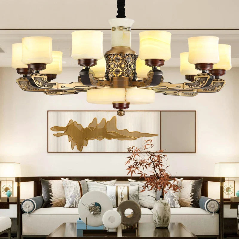 Afralia™ Luxury Copper Marble Chandelier for Living Room in New Chinese Style