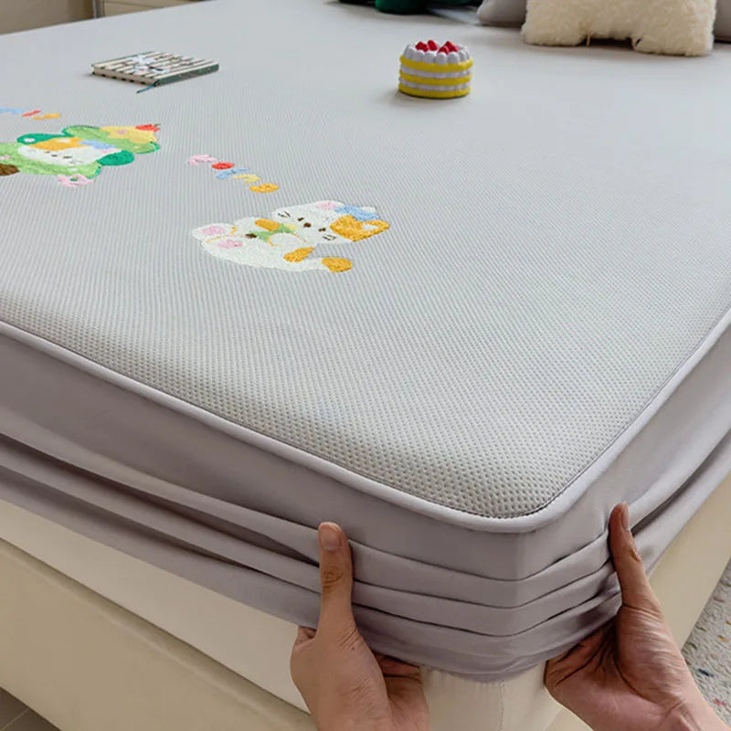 Afralia™ Cartoon Embroidered Fitted Sheet for Single Bed - All-Season Comfort