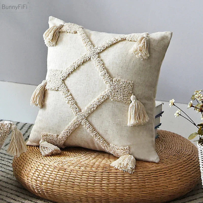 Linen Beige Boho Tassel Pillow Cover for Home Decor - Afralia™