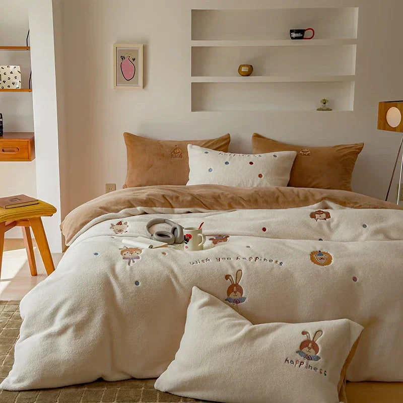 Afralia™ Embroidered Imitation Cashmere Bedding Set for Queen Bed Warm Winter Cozy Set