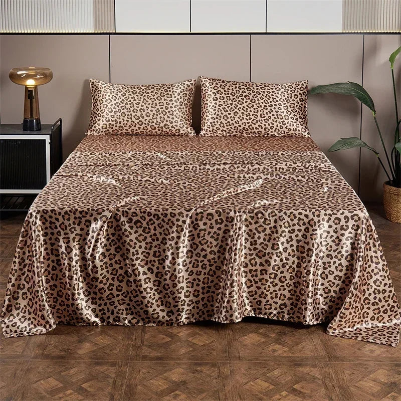 Luxury Satin Leopard Print Bed Sheet Set by Afralia™ - Queen/King Size