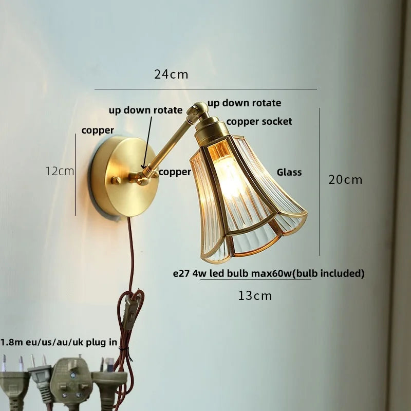 Afralia™ Vintage Brass Clear Glass Wall Lights Rotate Bedside Lamp for Restaurant Bedroom