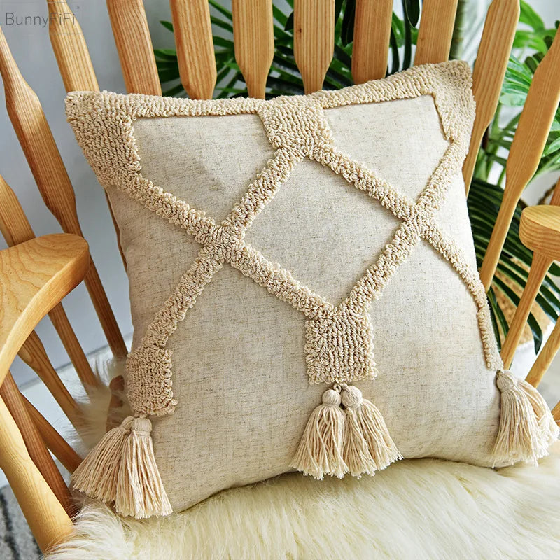 Linen Beige Boho Tassel Pillow Cover for Home Decor - Afralia™