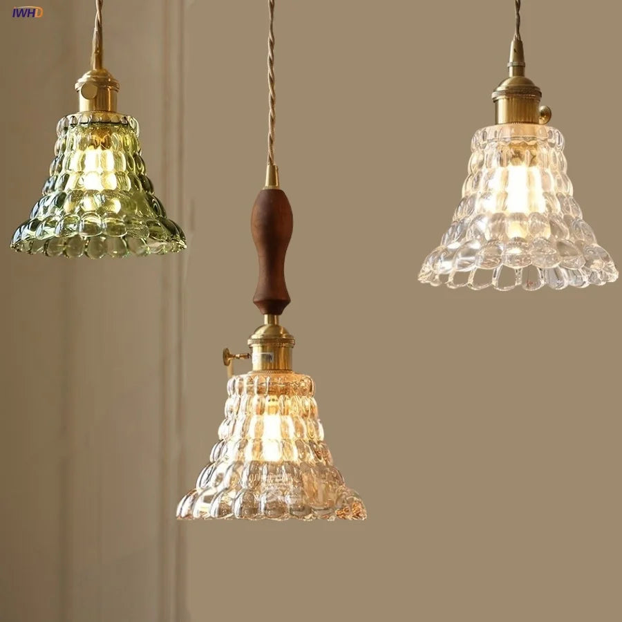 Afralia™ Flower Glass LED Pendant Lamp Walnut Wood Knob Switch Copper Socket