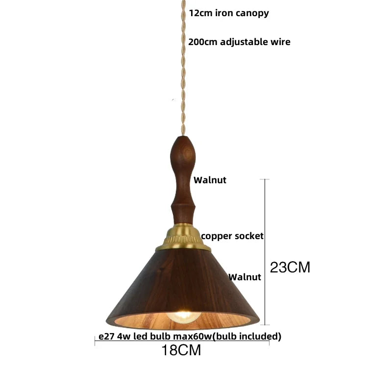 Afralia™ Copper Socket Walnut Wood LED Pendant Light Fixture for Dining Room
