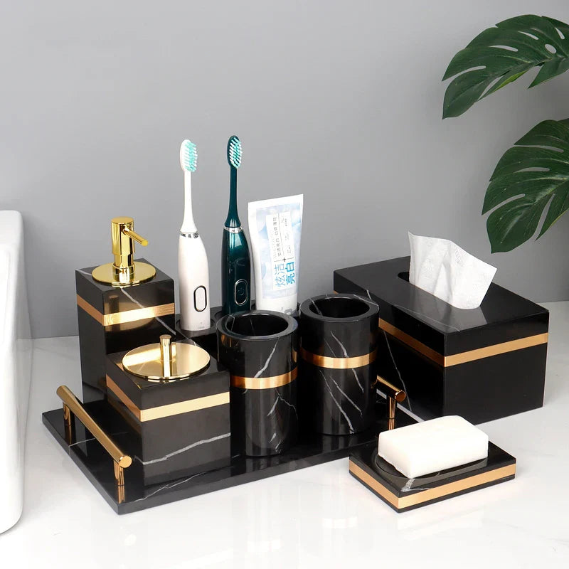 Afralia™ Nero Marquina Marble Bathroom Set - Golden Luxury Bathroom Accessories