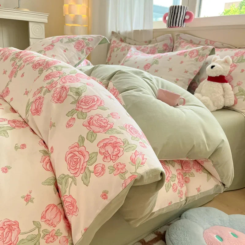Afralia™ Fashion Flower Print Cotton Duvet Cover Set for All Seasons