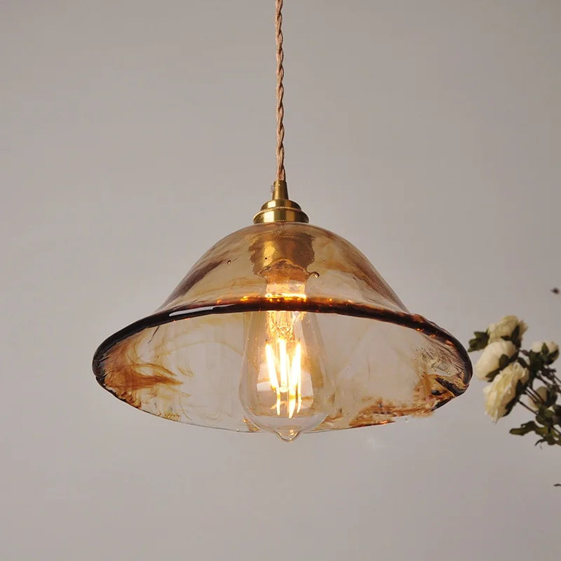 Afralia™ Amber Glass LED Pendant Light Fixture, Vintage E27 Copper Hanging Lamp