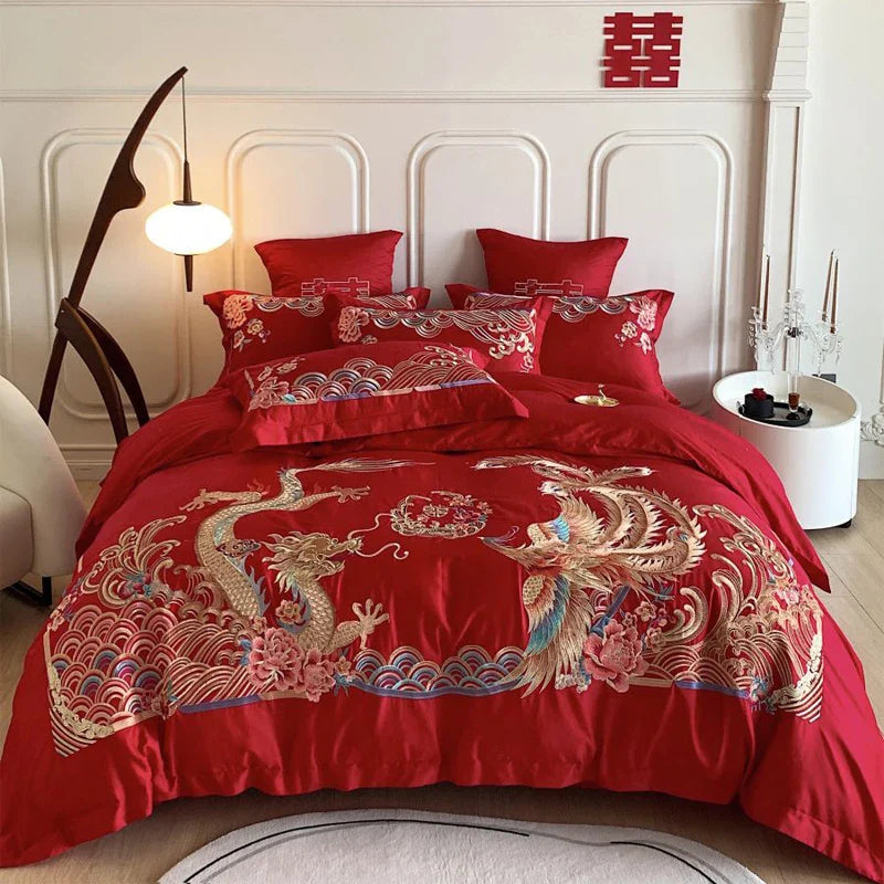 Afralia™ Gold Loong Phoenix Embroidery Queen Bedding Set, Luxurious Brushed 4Pcs Set