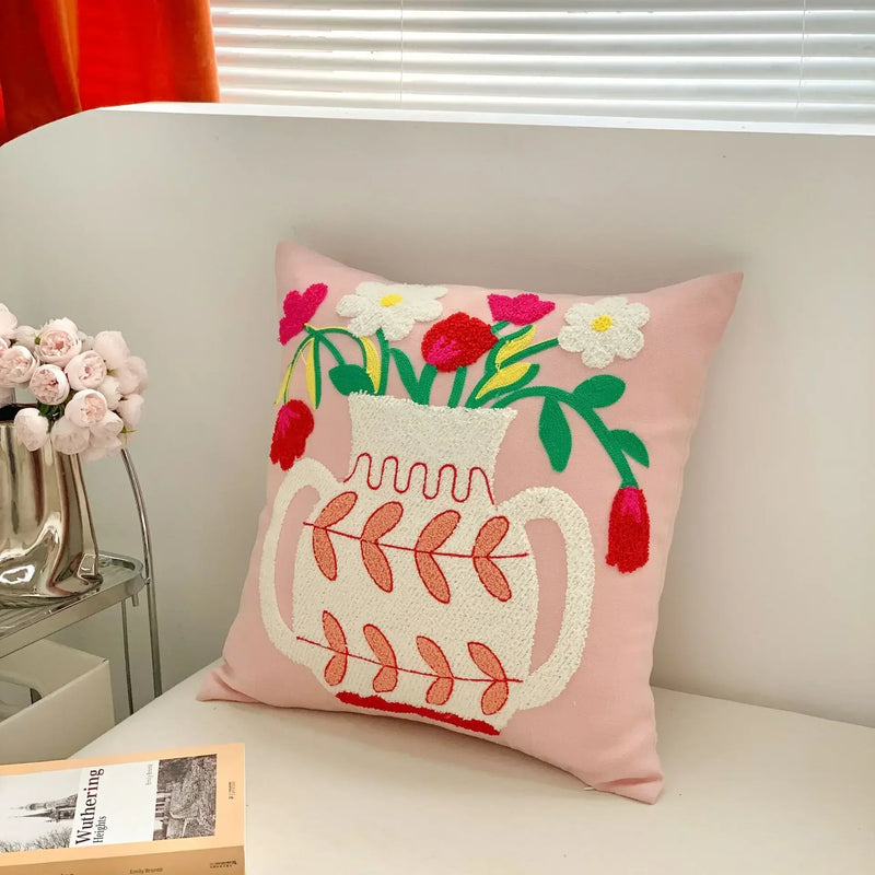 Afralia™ Floral 3D Embroidery Throw Pillow Cover 45X45CM Cotton Pillowcase for Home Decor