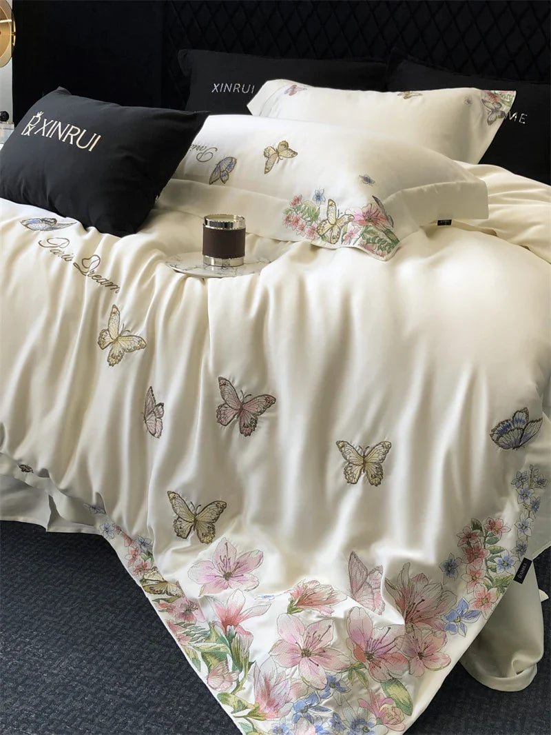 Afralia™ Butterfly Flowers Embroidery Bedding Set: Silky Soft Eucalyptus Fiber Duvet Cover
