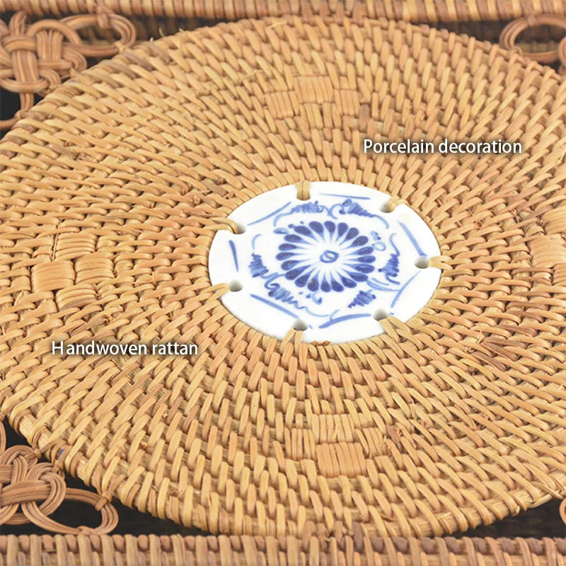 Afralia™ Handwoven Rattan Storage Box with Lid Chinese Knot Ornament for Kitchen Organization