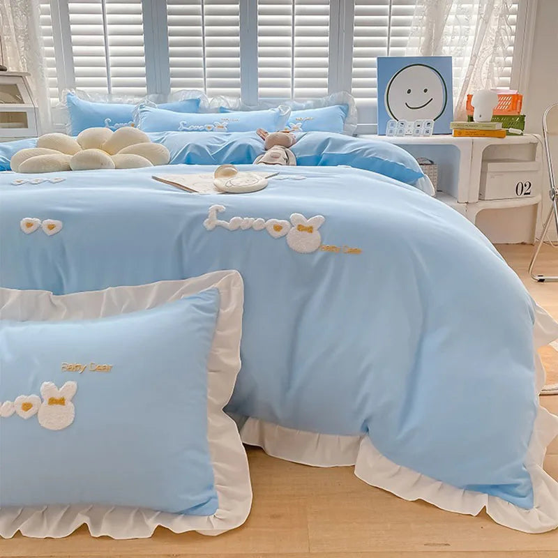 Afralia™ Cartoon Princess Embroidered Cotton Bedding Set for Adult Girls